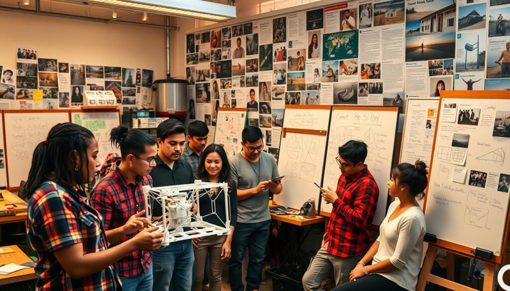 A bustling workshop filled with engineers and innovators, brainstorming solutions to pressing social challenges. In the foreground, a diverse team collaborates on a 3D-printed prototype, its intricate design hinting at the transformative potential of their work. Alongside, whiteboards covered in sketches and calculations, illuminated by warm overhead lighting. In the background, a collage of photographs and news clippings, capturing the impact of past projects - communities empowered, lives improved. The atmosphere is one of focused determination, tempered by a sense of optimism and camaraderie, as these change-makers strive to engineer a more equitable and sustainable future.
