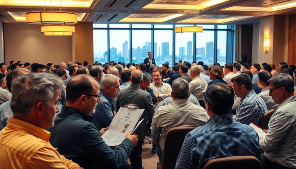 A busy conference room filled with civil engineers, gathered for a Continuing Professional Development (CPD) certification event. The scene is illuminated by warm, soft lighting from overhead fixtures, casting a professional yet inviting atmosphere. In the foreground, a group of engineers are engaged in lively discussions, their brows furrowed in concentration as they review technical documents and exchange ideas. In the middle ground, a speaker stands at a podium, delivering a presentation on the latest industry trends and best practices. The background features the city skyline visible through large windows, hinting at the real-world applications of the knowledge being shared. The overall composition conveys the importance of ongoing education and skill development within the civil engineering field.