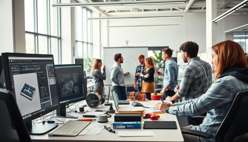 A busy modern office setting, showcasing a team of entry-level mechanical engineers collaborating on various projects. The foreground features an ergonomic desk setup with CAD software open on a high-resolution monitor, various engineering tools, and a 3D-printed prototype. In the middle ground, the engineers are gathered around a whiteboard, animatedly discussing design schematics and brainstorming solutions. The background depicts a sleek, well-lit workspace with floor-to-ceiling windows, allowing natural light to flood the room and creating a sense of openness and innovation. The overall atmosphere conveys a dynamic, collaborative, and forward-thinking environment where young engineers can thrive and contribute to meaningful projects.