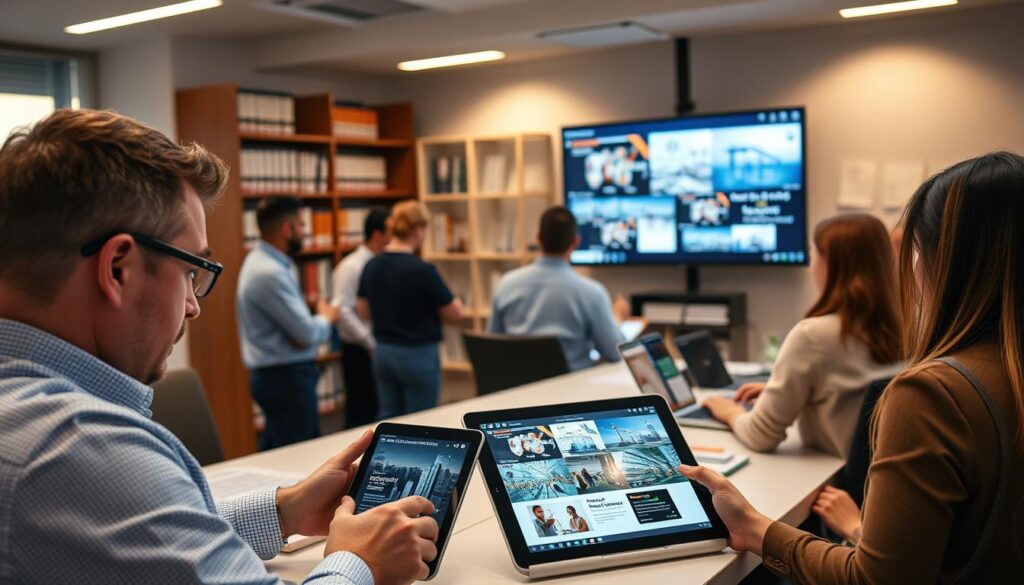 A busy modern office workspace showcasing various digital applications for continuous professional development (CPD) in civil engineering. In the foreground, an engineer interacts with a sleek touchscreen tablet displaying interactive CPD course modules. In the middle ground, colleagues collaborate around a large widescreen monitor presenting real-world case studies and simulations. In the background, a bookshelf filled with engineering handbooks and certifications suggests a culture of lifelong learning. Warm, diffused lighting creates a focused yet inviting atmosphere, while the clean, minimalist decor reflects the efficient, technology-driven nature of CPD learning.