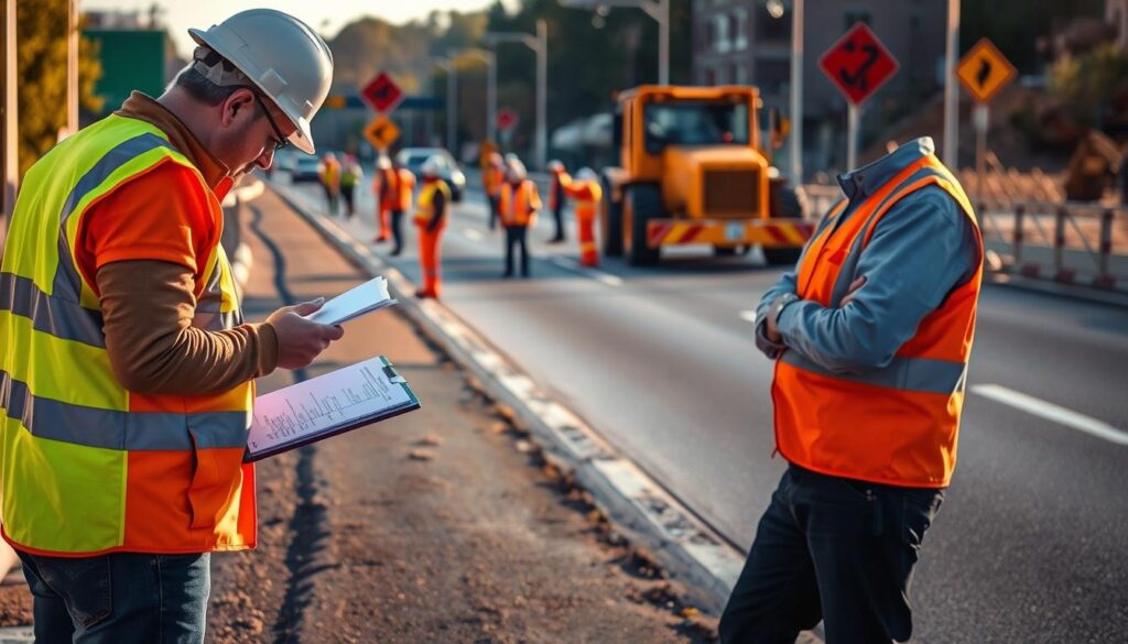 A busy roadside work site with construction workers in reflective vests conducting a thorough safety inspection. In the foreground, a worker meticulously examines the pavement surface, clipboard in hand. In the middle ground, other workers test traffic flow and signage. In the background, heavy machinery stands ready for the next phase of construction. The scene is illuminated by warm, directional sunlight casting long shadows, conveying a sense of diligence and thoroughness in ensuring the road meets all safety standards before opening to the public.