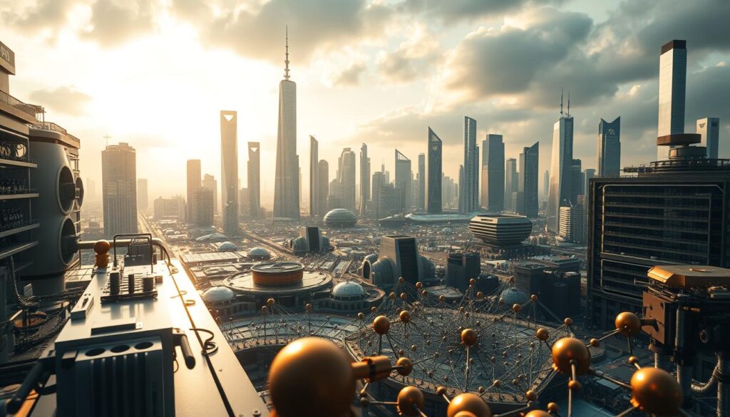 A captivating view of the future of nanotechnology, showcasing a cityscape of towering nanotech structures. In the foreground, a sleek, futuristic lab buzzes with activity, scientists manipulating molecules and atoms with precision. In the middle ground, self-assembling nanorobots swarm, weaving intricate patterns and constructing advanced materials. The background reveals a skyline of gleaming, nano-enhanced skyscrapers, their surfaces shimmering with energy-harvesting nanoparticles. Warm, diffused lighting illuminates the scene, creating a sense of wonder and progress. The overall atmosphere conveys the transformative potential of nanotechnology in engineering, propelling us into an era of unimaginable innovation.