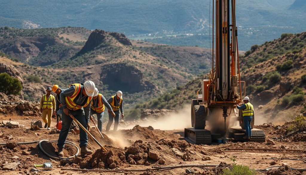 A challenging geotechnical site investigation unfolds, with workers navigating rugged terrain and complex geological formations. In the foreground, a team carefully extracts soil samples, their tools and equipment casting long shadows under the harsh, directional sunlight. In the middle ground, a drilling rig bores into the earth, its powerful machinery churning up dust and debris. The background reveals a vast, unforgiving landscape of rocky outcrops, steep slopes, and dense vegetation, hinting at the obstacles and hazards these professionals must overcome. The mood is one of determination and focus, as the geotechnical team works to gather the critical data needed to ensure the success of the construction project.