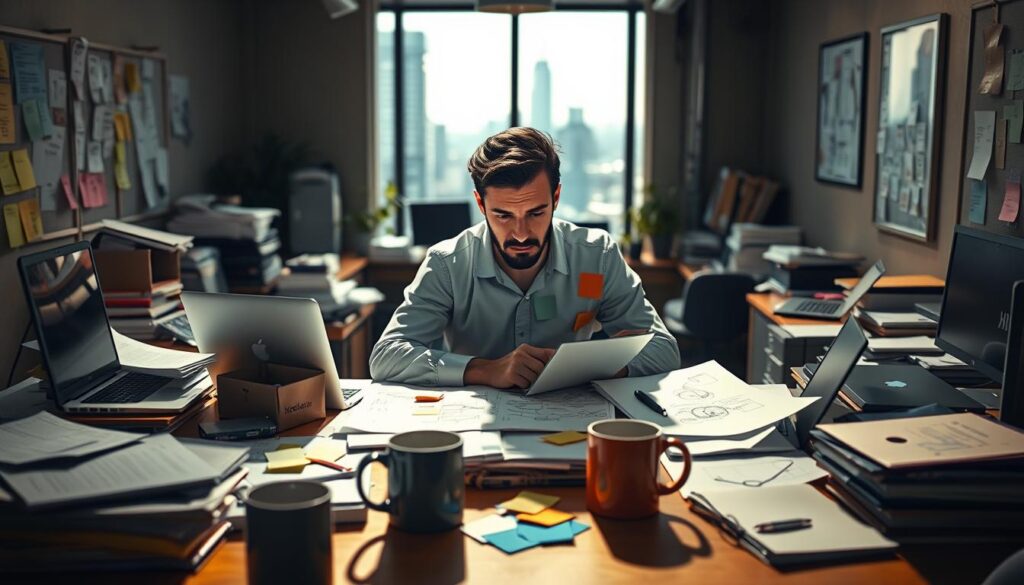 A chaotic office scene with a project manager struggling to juggle multiple tasks and deadlines. In the foreground, a desk cluttered with documents, laptops, and coffee mugs, casting dramatic shadows under a warm, overhead lighting. In the middle ground, the project manager, brow furrowed, surrounded by colorful sticky notes and a tangle of sketched-out diagrams. In the background, a blurred cityscape visible through a large window, suggesting the wider context and pressures of the project. The atmosphere is one of tension and overwhelm, but also determination, as the project manager navigates the challenges of their role.