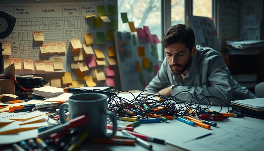 A chaotic yet controlled workspace, with a project manager navigating a labyrinth of sticky notes, Gantt charts, and task lists. Diffused lighting casts shadows on the cluttered desk, creating a pensive atmosphere. In the foreground, a stressed yet determined expression on the project manager's face, as they grapple with conflicting deadlines, resource constraints, and team dynamics. The middle ground features a tangle of colored markers, highlighters, and a spilled coffee mug, symbolizing the challenges of multitasking and maintaining focus. The background blurs into a hazy, uncertain landscape, hinting at the unpredictable nature of project management.