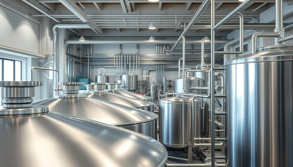 A chemical treatment facility for industrial wastewater, with a serene, understated elegance. In the foreground, a series of sleek, stainless steel tanks and reactors, their surfaces gleaming under soft, diffused lighting. In the middle ground, a network of pipes and valves, their curves and angles suggesting the complex dance of chemical processes at work. The background is filled with a sense of order and control, with a subtly futuristic aesthetic - clean, minimalist architecture, perhaps with a touch of glass and steel. The overall mood is one of quiet efficiency and technological sophistication, reflecting the advanced scientific principles underlying the chemical treatment of industrial wastewater.
