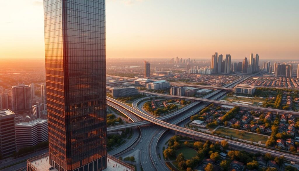 A cityscape at dusk, bathed in warm golden light, showcasing the integration of GIS technology in urban planning. In the foreground, a detailed 3D model of a modern high-rise building, its sleek glass facade reflecting the surrounding cityscape. In the middle ground, a network of roads and transportation infrastructure, with vehicles and pedestrians navigating the smart city landscape. In the background, a panoramic view of the city skyline, with skyscrapers, parks, and residential areas intricately mapped and visualized through GIS data. The scene conveys the seamless blending of technology and urban development, highlighting the transformative power of GIS in shaping the future of cities.