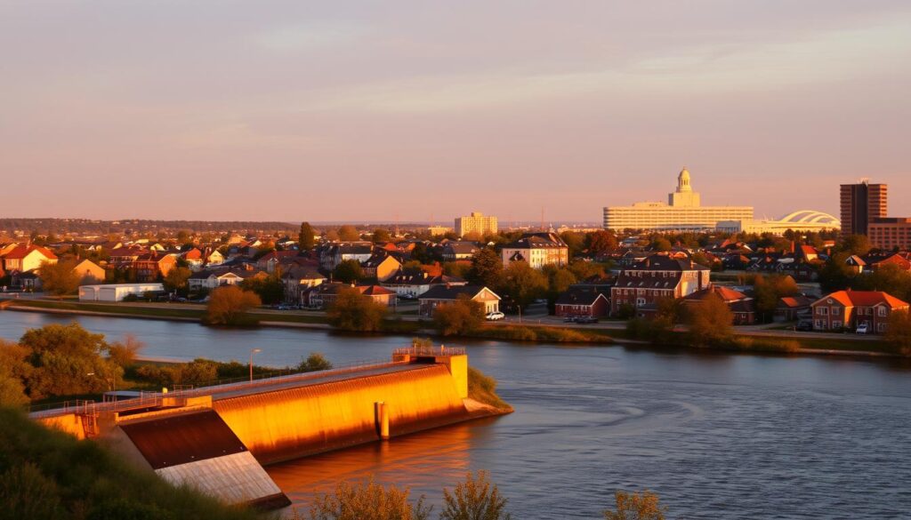 A cityscape at dusk, with a river running through the center. In the foreground, a series of flood control structures, including levees, dams, and floodgates, stand as a barrier against the rising waters. The middle ground features a mix of residential and commercial buildings, their roofs reflecting the warm glow of the setting sun. In the background, a silhouette of a regulatory agency office, symbolizing the oversight and policies governing flood risk management. The scene is lit by a warm, golden light, conveying a sense of both security and the looming threat of flood. The composition emphasizes the importance of a comprehensive, regulatory framework in protecting urban areas from the devastating impacts of flooding.