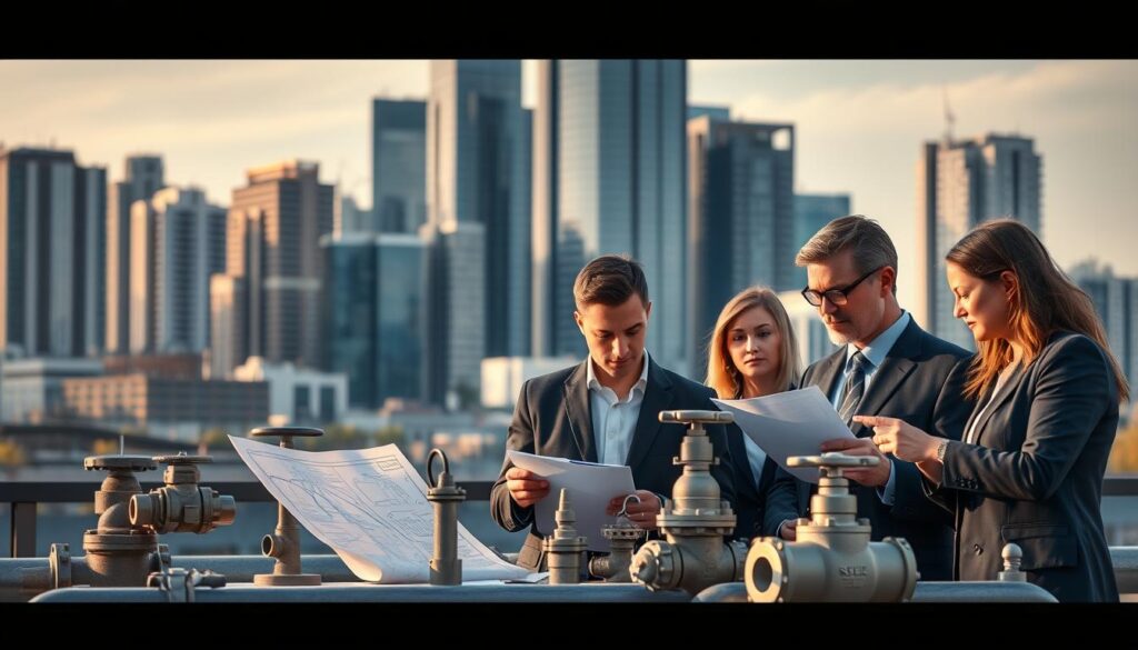A cityscape of modern buildings in the background, representing the infrastructure of a thriving urban environment. In the foreground, a group of professionals in business attire examining schematics and models of various water systems, pipes, and valves, symbolizing the practice of asset management. The scene is bathed in warm, directional lighting, casting subtle shadows and highlights to accentuate the technical details. The atmosphere conveys a sense of collaboration, problem-solving, and commitment to optimizing the water infrastructure's efficiency and longevity.