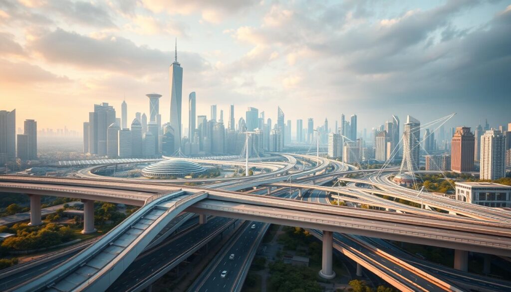 A cityscape with a focus on civil engineering infrastructure, showcased against a backdrop of a vibrant, futuristic skyline. In the foreground, a detailed 3D model of a complex bridge or interchange, rendered with precision and technical accuracy. In the middle ground, a network of transportation systems, including roads, railways, and underground utilities, visualized through a GIS-powered spatial analysis. The background features towering skyscrapers, renewable energy sources, and autonomous vehicles, all working in harmony to represent the future of smart, sustainable cities. The scene is illuminated by a warm, diffused lighting, creating a sense of optimism and progress in the field of civil engineering.