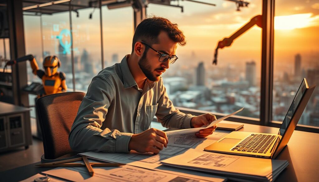 A civil engineer diligently studying engineering schematics and technical manuals, surrounded by a vibrant, future-focused environment. The scene is bathed in warm, golden lighting, conveying a sense of professionalism and intellectual growth. In the foreground, the engineer is seated at a desk, deep in concentration, their workspace adorned with protractors, drafting tools, and a laptop displaying 3D architectural models. In the middle ground, the office space is filled with cutting-edge technology, including a holographic display and a robotic arm, hinting at the evolving nature of the field. The background features a panoramic view of a bustling city skyline, symbolizing the endless possibilities and continuous advancements in civil engineering.