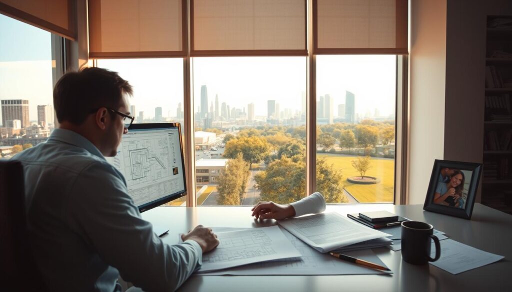 A civil engineer in a well-lit, airy office, deeply engrossed in designing schematics on a computer screen. Beside them, a neatly organized workspace with architectural plans, a coffee mug, and a framed family photo. Through the window, a bustling city skyline contrasts with a serene, tree-lined park, symbolizing the work-life balance. Warm, natural lighting casts a calming glow, conveying a sense of harmony and productivity. The scene reflects the intellectual challenges and personal fulfillment of a civil engineering career, where technical expertise and a healthy lifestyle coexist.