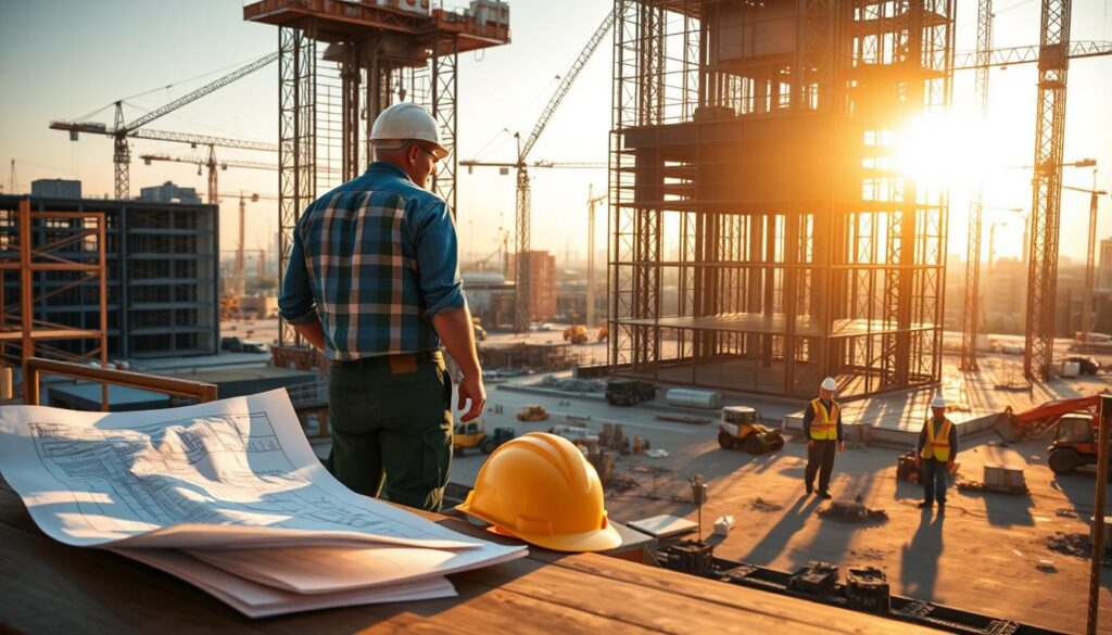 A civil engineer stands in a construction site, surveying the progress of a high-rise building project. The scene is bathed in warm, golden sunlight, casting long shadows across the scaffolding and heavy machinery. In the foreground, blueprints and a hardhat rest on a workbench, symbolizing the technical expertise and hands-on experience required for the job. In the middle ground, workers in reflective vests hustle about, pouring concrete and assembling steel frames. The background is a tapestry of towering cranes, earthmovers, and the skeletal structure of the building-to-be, conveying the scale and complexity of the engineering challenge. An atmosphere of industrious determination permeates the scene, reflecting the dedication and problem-solving skills essential for professional licensure.