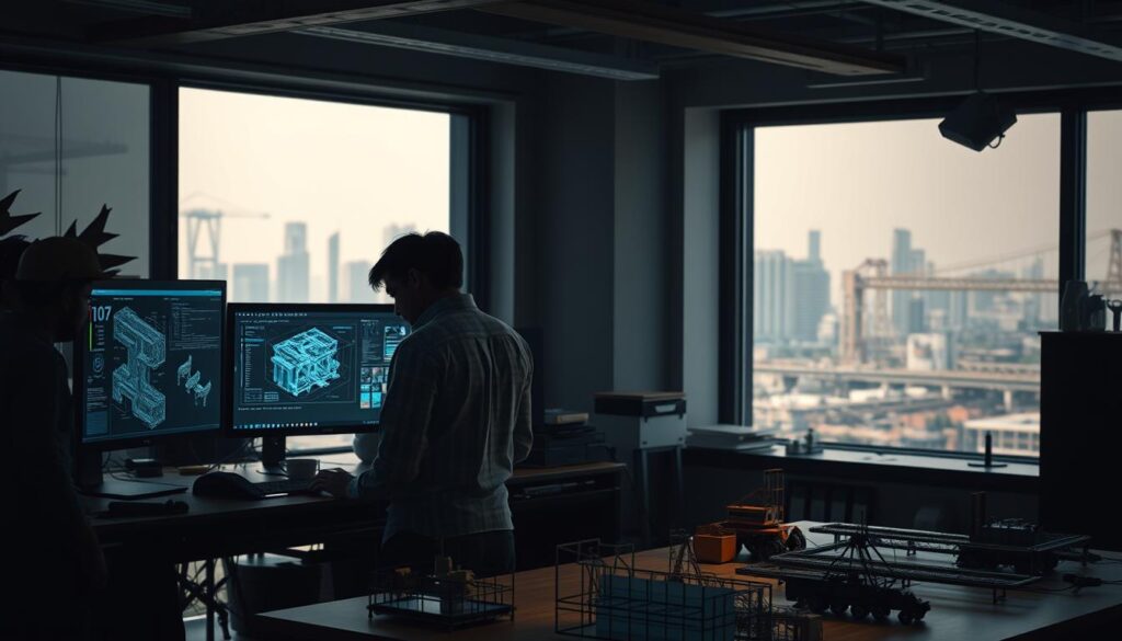 A civil engineering office, dimly lit by a mixture of natural and artificial light. In the foreground, a team of engineers huddles around a computer screen, analyzing complex data visualizations and 3D models. In the middle ground, a mix of physical prototypes and digital simulations on workbenches, showcasing the integration of AI-powered tools. The background is a hazy vista of skyscrapers and infrastructure, hinting at the challenges of implementing AI in the real world. The atmosphere conveys a sense of contemplation and problem-solving, as the engineers grapple with the complexities of incorporating AI into their field.