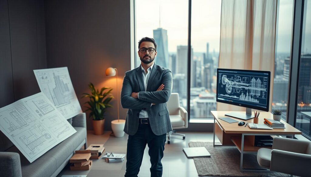 A civil engineering professional standing confidently in a well-lit modern office, surrounded by architectural plans, engineering tools, and a computer monitor displaying technical schematics. The scene conveys a sense of focused dedication and continuous learning, with the engineer contemplating their professional development goals. The office interior features sleek, minimalist furniture and warm lighting, creating a calm, productive atmosphere. A large window in the background offers a view of a bustling city skyline, suggesting the engineer's role in shaping the built environment. The overall composition emphasizes the thoughtful, analytical nature of the civil engineering profession and the importance of ongoing education and skill refinement.
