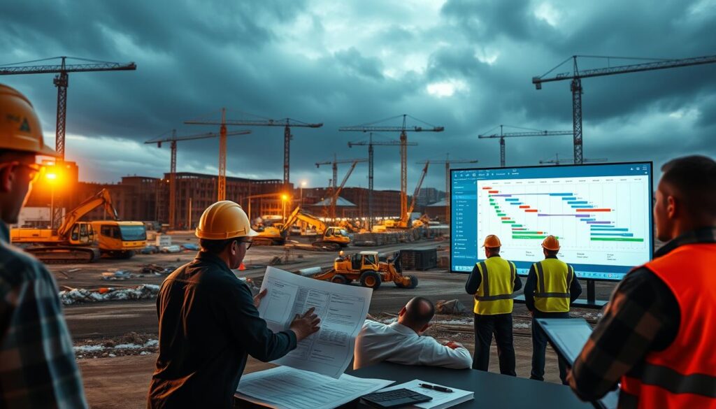 A civil engineering project management scene with a focus on risk management strategies. In the foreground, a team of engineers reviewing detailed plans and risk assessment reports under the warm glow of task lighting. In the middle ground, a Gantt chart and project timeline displayed on a large interactive screen. In the background, a construction site with cranes, excavators, and workers in high-visibility vests, all set against a moody, overcast sky. The atmosphere conveys a sense of organized chaos, with the engineering team diligently navigating the complexities of the project to ensure its successful delivery.
