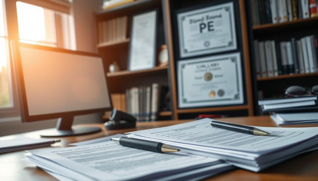 A civil engineer's desk, illuminated by a warm, natural light streaming through a window. In the foreground, a stack of regulatory documents, a computer monitor displaying license renewal forms, and a pen poised to meticulously fill them out. In the middle ground, a diploma and PE license certificates hang on the wall, symbolizing the rigorous process undertaken to achieve this professional milestone. The background features a bookshelf filled with engineering textbooks and journals, a subtle nod to the ongoing commitment to continuing education required to maintain licensure. The scene conveys a sense of diligence, attention to detail, and the responsibility inherent in preserving the hard-earned professional credentials of a civil engineer.