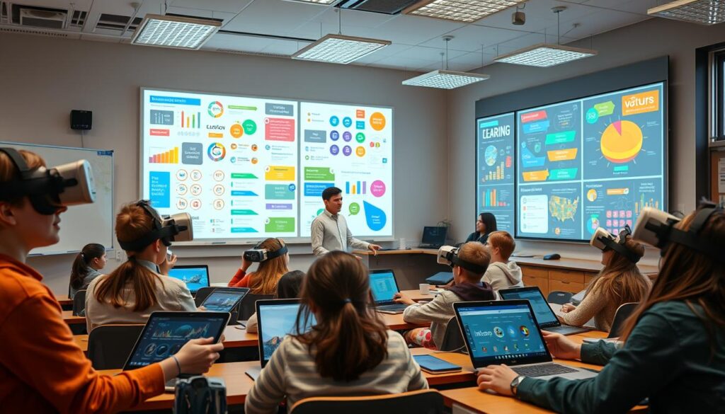 A classroom filled with diverse educational technology, including interactive whiteboards, virtual reality headsets, tablets, and laptops. The foreground showcases students actively engaged in collaborative learning, their faces aglow with enthusiasm. The middle ground features a teacher guiding the class, demonstrating the effective integration of these tools into the curriculum. In the background, a vibrant display of colorful infographics and digital learning materials project onto the walls, creating an immersive and stimulating environment. Warm, natural lighting filters through large windows, evoking a sense of openness and inspiration. The overall atmosphere conveys the transformative potential of technology in enhancing the educational experience.