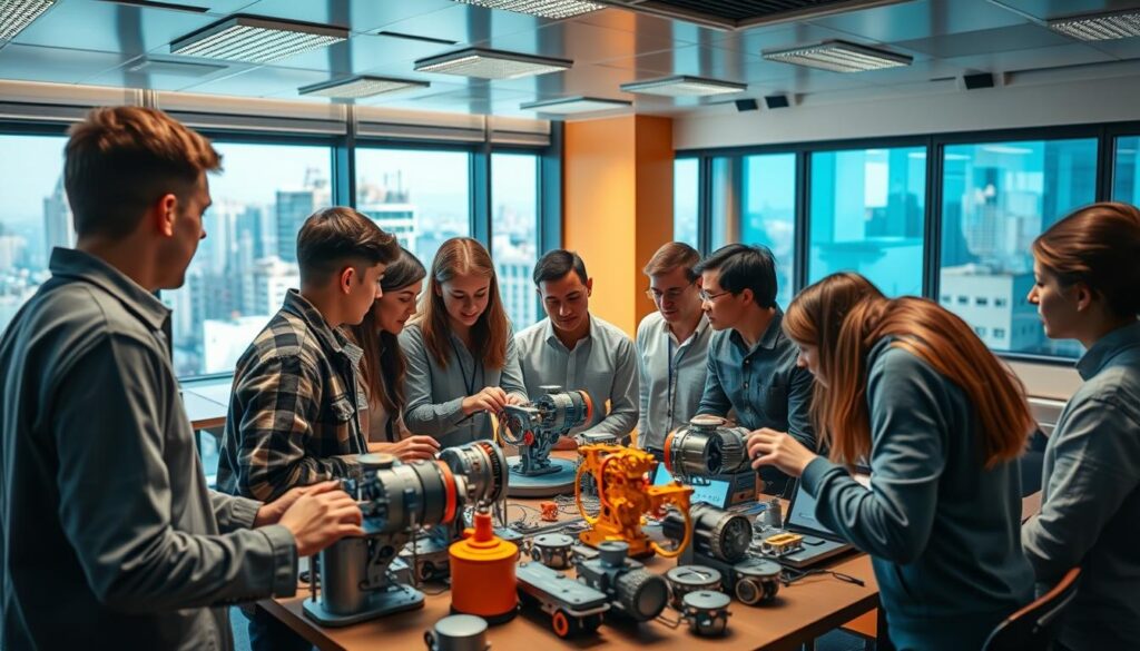 A classroom filled with engaged engineering students, gathered around a large interactive display. Vibrant colors and dynamic lighting create an energetic atmosphere, as the instructor guides them through a hands-on project involving intricate mechanical models and cutting-edge software. In the background, a panoramic window overlooks a bustling city skyline, symbolizing the real-world impact of their studies. The camera angle is slightly elevated, capturing the collaborative spirit and innovative spirit of this modern engineering education environment.