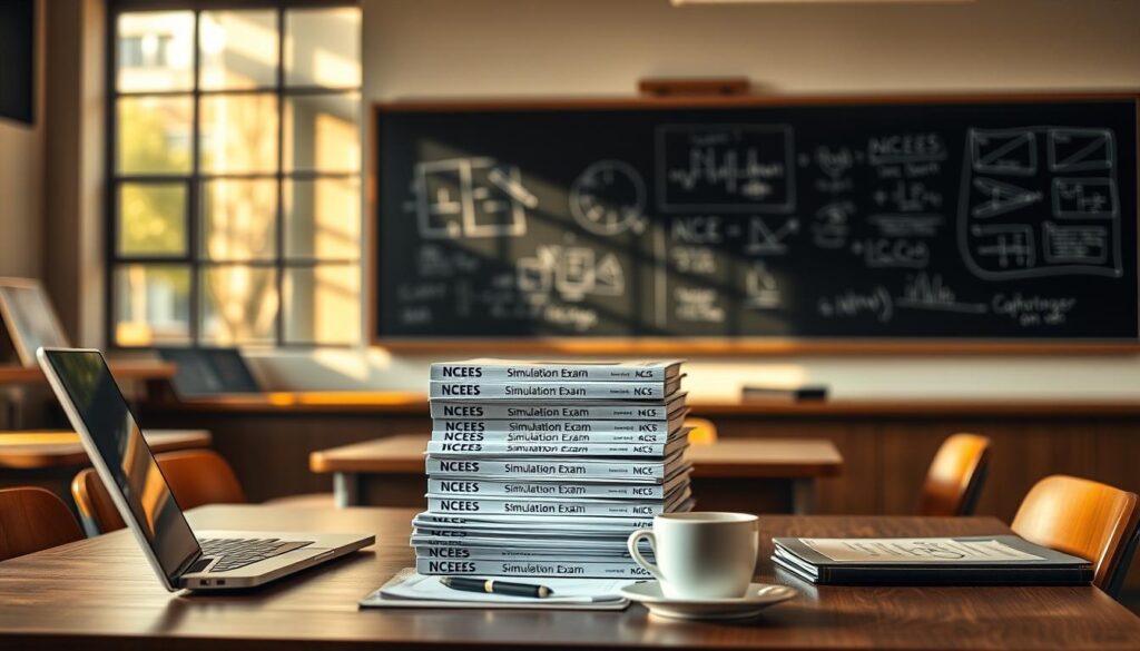 A classroom scene with a desk at the center, holding a stack of NCEES simulation exam booklets. The desk is illuminated by warm, natural lighting filtering through large windows, casting a cozy, focused atmosphere. In the background, a blackboard displays diagrams and formulas, hinting at the academic environment. The foreground features a laptop, a cup of coffee, and a pen, suggesting a student deeply engaged in exam preparation. The overall scene conveys the importance of NCEES simulation exams as a crucial tool for civil engineering students to master the NCEES exam.