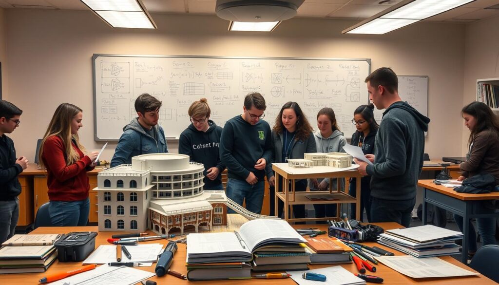 A classroom setting with students engaged in hands-on civil engineering projects. The foreground features a group of students huddled around a detailed architectural model, discussing design elements and collaborating on solutions. The middle ground showcases a diverse array of engineering tools, textbooks, and technical diagrams on a central workbench. In the background, a large whiteboard displays complex mathematical equations and diagrams, illuminated by warm, diffused lighting from overhead fixtures. The atmosphere conveys a sense of focused, intellectual exploration, where budding civil engineers immerse themselves in the art and science of infrastructure design.