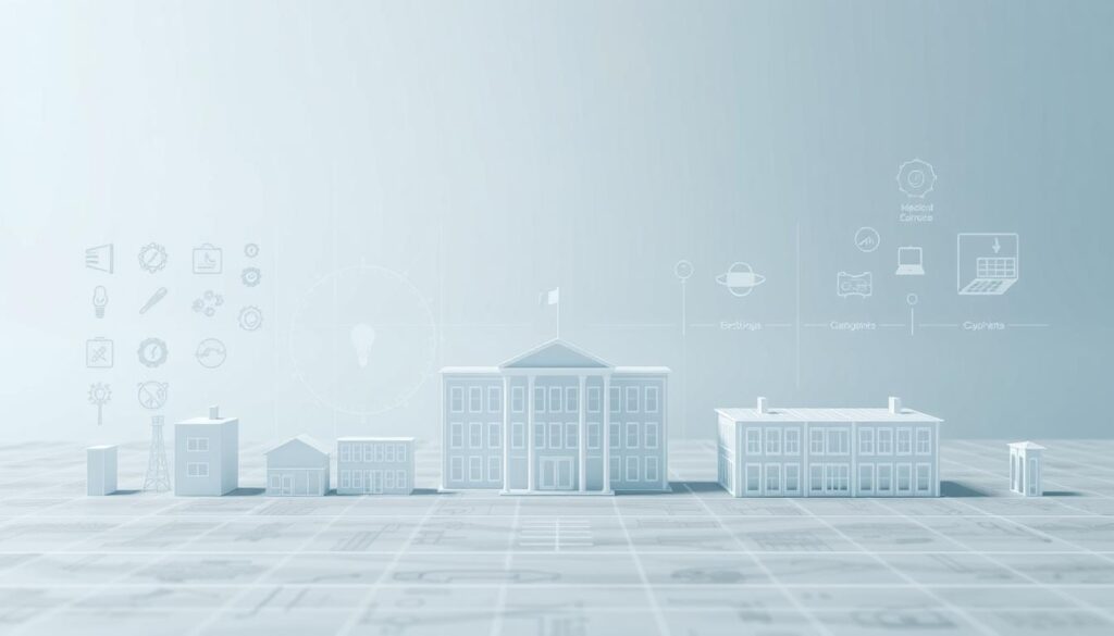 A clean, modern blueprint diagram depicting various engineering education guidelines and standards for schools. In the foreground, a central grid layout showcases symbols and icons representing different engineering disciplines, such as mechanical, electrical, civil, and computer science. In the middle ground, wireframe models of school buildings and classrooms. The background features a gradient of soft blues and greys, conveying a sense of technical sophistication. Crisp, evenly distributed lighting highlights the three-dimensional elements, creating depth and dimensionality. The overall composition should have a balanced, professional aesthetic suitable for an educational article.