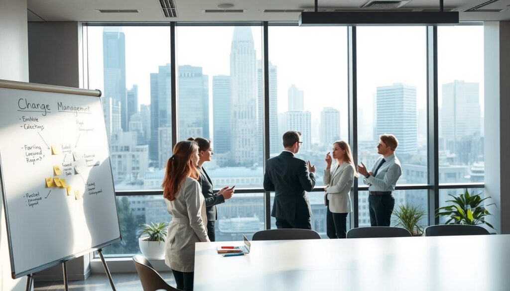 A clean, modern office setting with a whiteboard in the foreground displaying various change management techniques. In the middle ground, a group of professionals in business attire engaged in a brainstorming session, using sticky notes and markers to capture their ideas. The background features large windows overlooking a bustling city skyline, bathed in soft, natural lighting. The overall atmosphere conveys a sense of collaboration, innovation, and a forward-thinking approach to navigating organizational change.