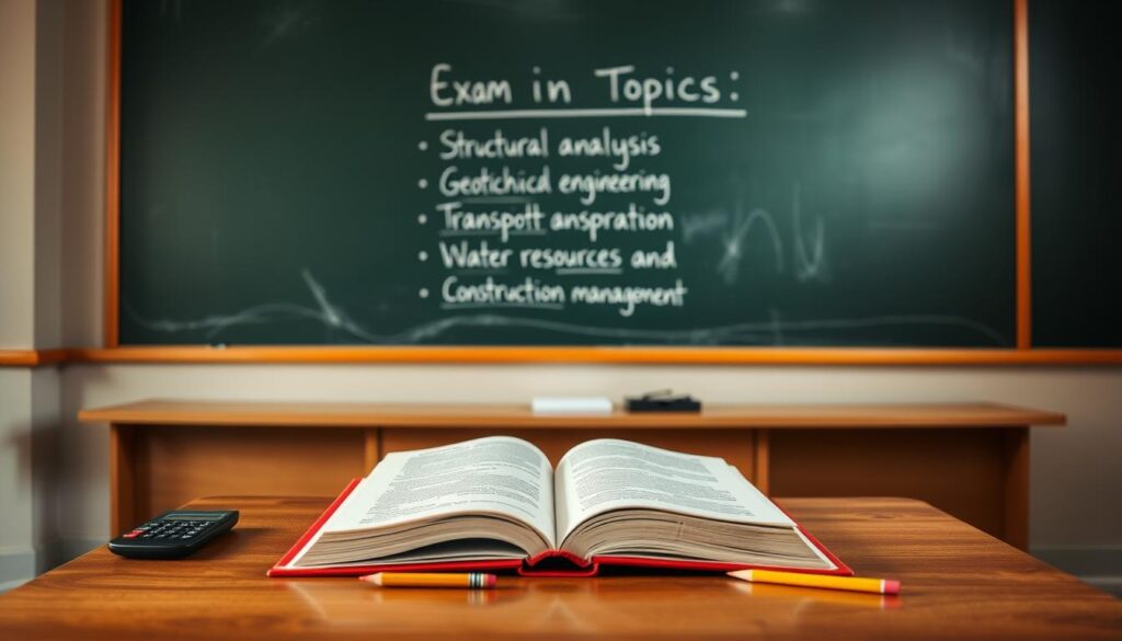 A clean, well-lit classroom with a large chalkboard taking up the background. On the chalkboard, a comprehensive list of civil engineering exam topics - structural analysis, geotechnical engineering, transportation, water resources, and construction management - neatly written in chalk. In the foreground, a wooden desk with an open textbook, a calculator, and a few sharpened pencils, creating a studious atmosphere. The lighting is soft and indirect, casting a warm glow over the scene. The camera angle is slightly elevated, giving a sense of authority and seriousness to the image, as if the viewer is a student preparing for the crucial civil engineering exam.
