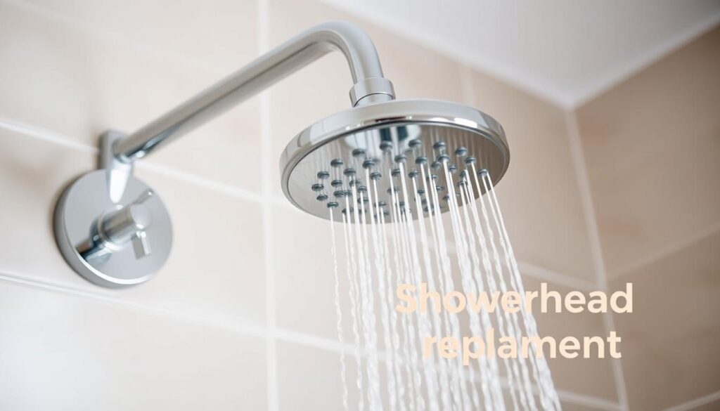 A close-up shot of a modern chrome showerhead mounted on a tiled bathroom wall. The showerhead is positioned at eye level, with a clear view of the water flow and adjustable spray patterns. The tiles in the background are a neutral color, providing a clean and minimalist backdrop. Soft, diffused lighting illuminates the scene, creating a calming and spa-like atmosphere. The overall composition emphasizes the showerhead as the focal point, showcasing its features and functionality in a way that would be useful for illustrating a guide on showerhead replacement.