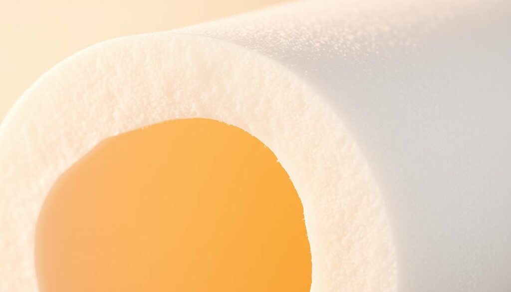 A close-up shot of a section of pipe insulation, meticulously crafted from high-quality materials. The insulation is composed of a soft, flexible foam, with a smooth, uniform texture that covers the pipe seamlessly. The surface reflects the warm, diffused lighting, creating a subtle sheen. The insulation is cut cleanly, revealing the clean, cylindrical shape of the pipe beneath, emphasizing its purpose of protecting and maintaining the integrity of the plumbing system. The image is captured with a macro lens, allowing for a detailed, in-depth exploration of the intricate structure and composition of the insulation, highlighting its practical and functional design.