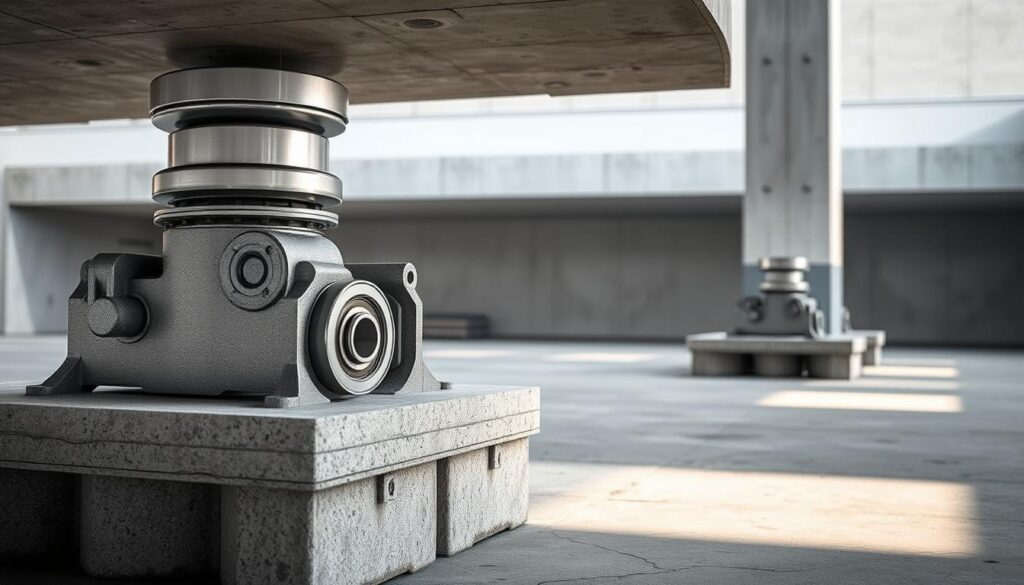 A close-up view of a base isolation system, showcasing its intricate mechanical components. The foreground depicts the base isolator units, designed to absorb and dissipate seismic energy, with detailed metal housings and high-precision rubber bearings. The middle ground reveals the structural connections, showcasing the reinforced concrete foundation and the seamless integration of the isolators. In the background, a clean, minimalist architectural setting with a sense of technological sophistication, illuminated by soft, diffused lighting that casts subtle shadows, highlighting the engineering prowess of this advanced seismic protection system.