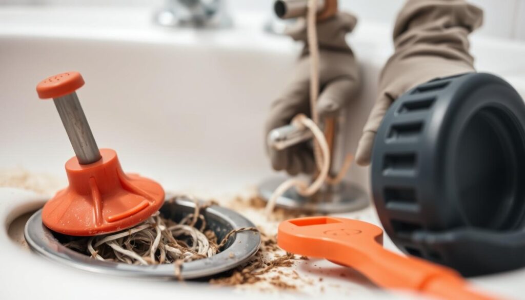 A close-up view of a clogged bathroom sink drain, with a plunger and various plumbing tools in the foreground. The drain cover has been removed, revealing a tangled mass of hair, soap scum, and other debris blocking the pipe. In the middle ground, a pair of hands wearing rubber gloves are working to clear the obstruction, using a snake or other tool to dislodge the clog. The background is blurred, but suggests a well-lit, clean bathroom interior. The lighting is natural, with soft shadows and highlights that accentuate the textures and details of the scene. The overall mood is one of problem-solving and hands-on repair, conveying the challenges and solutions of dealing with a common household plumbing issue.