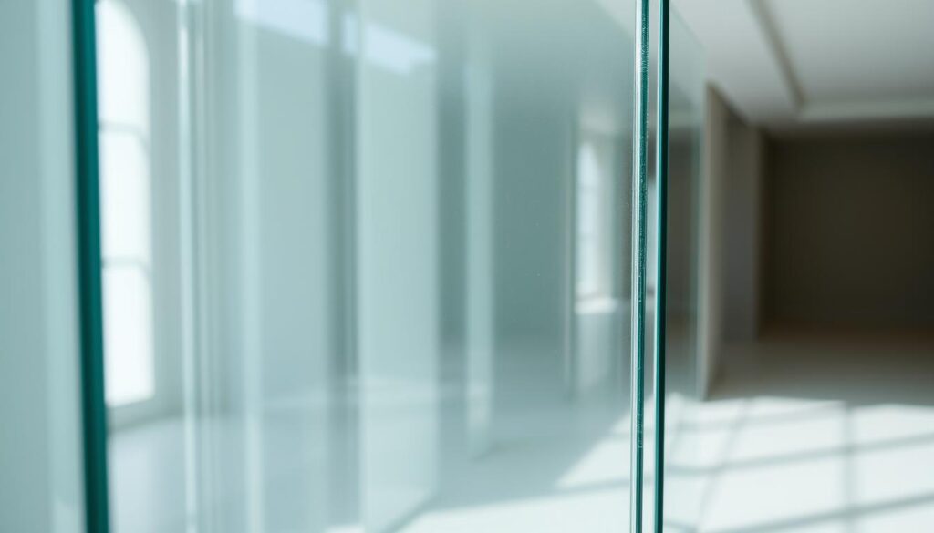 A close-up view of a glass panel with a transparent, ultra-thin anti-reflective coating. The coating appears seamless, with a slight prismatic effect that refracts light, reducing glare and enhancing clarity. The glass surface is smooth and clean, free from any visible imperfections. Soft, diffused lighting illuminates the panel, casting subtle shadows that accentuate the coating's properties. The background is a minimalist, neutral-toned environment, allowing the glass to be the focal point. The overall impression is one of high-quality, technologically advanced architectural glass, designed to improve visibility and create a more comfortable visual experience.
