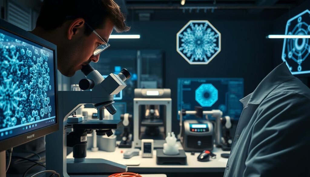 A close-up view of a nanomaterial engineering laboratory. In the foreground, a scientist examines a sample under a high-resolution microscope, the intricate structures of the nanomaterials visible on the monitor. In the middle ground, various equipment and instruments, including a 3D printer, are arranged neatly, suggesting ongoing research and development. The background depicts a dimly lit, technologically advanced space, with holographic displays and glowing panels that provide a sense of the cutting-edge nature of the work. The lighting is subdued, creating a contemplative atmosphere, emphasizing the importance and complexity of the fundamental principles of nanotechnology.