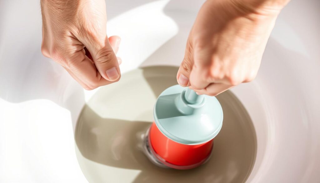 A close-up view of a person's hands using a plunger to unclog a drain. The drain is partially visible, with water pooling around it. The person's hands are gripping the plunger handle firmly, showcasing their determination to clear the blockage. The lighting is bright and natural, creating a sense of clarity and focus. The scene is set against a neutral background, allowing the viewer to concentrate on the task at hand. The atmosphere is one of problem-solving and a DIY approach to home maintenance, reflecting the subject matter of the article.