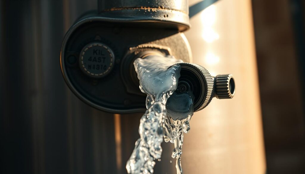 A close-up view of a water heater flushing, capturing the flow of cloudy water draining from the heater's relief valve. The scene is illuminated by warm, natural lighting, casting soft shadows and creating a sense of depth. The metal exterior of the heater is rendered in intricate detail, showcasing its utilitarian design. The water stream appears dynamic, with droplets and splashes adding visual interest. The background is slightly blurred, keeping the focus on the heater and the flushing process. The overall mood is one of functional efficiency, with a touch of industrial aesthetics.