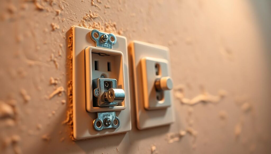 A close-up view of electrical outlets mounted on a drywall surface, showcasing the grounding prong and socket. The outlets are positioned at a slight angle, illuminated by warm, diffused lighting from above, casting soft shadows. The foreground is in sharp focus, highlighting the intricate details of the metal components and the recessed, rectangular shape of the outlets. The middle ground includes the surrounding drywall, with a subtle texture and neutral tone, complementing the metallic accents. The background fades into a soft, out-of-focus blur, creating a sense of depth and emphasis on the central subject. The overall mood is one of technical precision and practical utility, suitable for illustrating a how-to guide on electrical repairs.