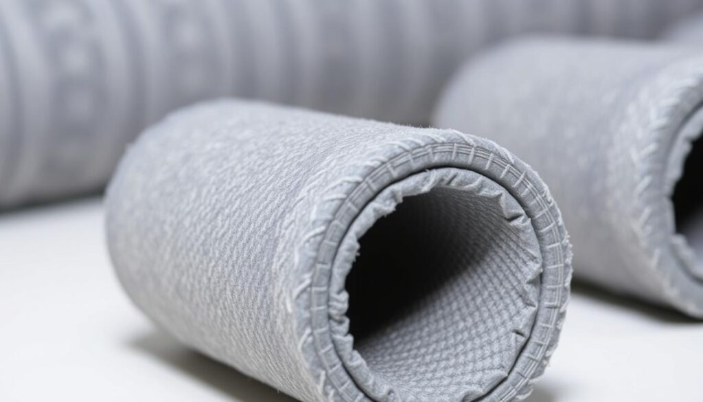 A close-up view of grey cylindrical pipe insulation material, textured with a slightly ribbed surface. The insulation is positioned in the foreground, with a slight shadow cast beneath it, indicating a soft, directional lighting from above. The background is blurred, allowing the insulation to be the sole focus of the image. The lighting creates a sense of depth and dimensionality, highlighting the cylindrical shape and the material's thermal properties. The overall mood is one of functionality and utility, reflecting the practical nature of the subject matter within the "Winterizing Your Plumbing" section of the article.