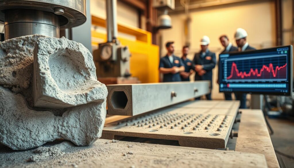 A close-up view of various civil engineering materials undergoing rigorous testing and quality control. In the foreground, a concrete sample is being crushed by a hydraulic press, revealing its internal structure. In the middle ground, a steel beam is subjected to tensile stress, with strain gauges monitoring its deformation. In the background, a team of engineers carefully examines the performance data displayed on a computer screen, ensuring the materials meet the highest safety and durability standards. The scene is illuminated by warm, natural lighting, conveying a sense of professionalism and dedication to the craft of civil engineering.
