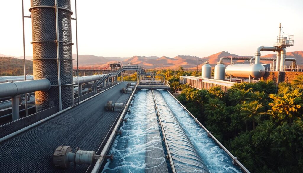 A coastal desalination plant nestled amid lush vegetation, with its towering steel structures and gently flowing pipes conveying the essence of sustainable water extraction. The foreground depicts the plant's main intake area, where seawater is drawn in through intricate meshwork screens, while the middle ground showcases the reverse osmosis desalination process, with sleek membranes and pressurized vessels. In the background, rolling hills and a cloudless sky create a serene, natural backdrop, highlighting the plant's harmonious integration with the surrounding environment. Warm, diffused lighting casts a soft glow over the scene, emphasizing the plant's efficient, eco-friendly operations.