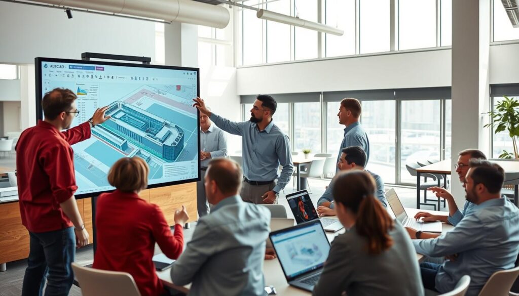 A collaborative workspace within AutoCAD, featuring several engineers engaged in real-time design review. In the foreground, a large touchscreen display showcases 3D civil engineering models, with team members gesturing and annotating the design. In the middle ground, engineers gather around a conference table, laptops open, discussing project plans and coordination. The background depicts an open-concept office, with ample natural light streaming in through floor-to-ceiling windows, fostering a productive and creative atmosphere. The scene conveys a sense of teamwork, innovation, and efficient use of AutoCAD's collaboration tools to drive successful civil engineering projects.