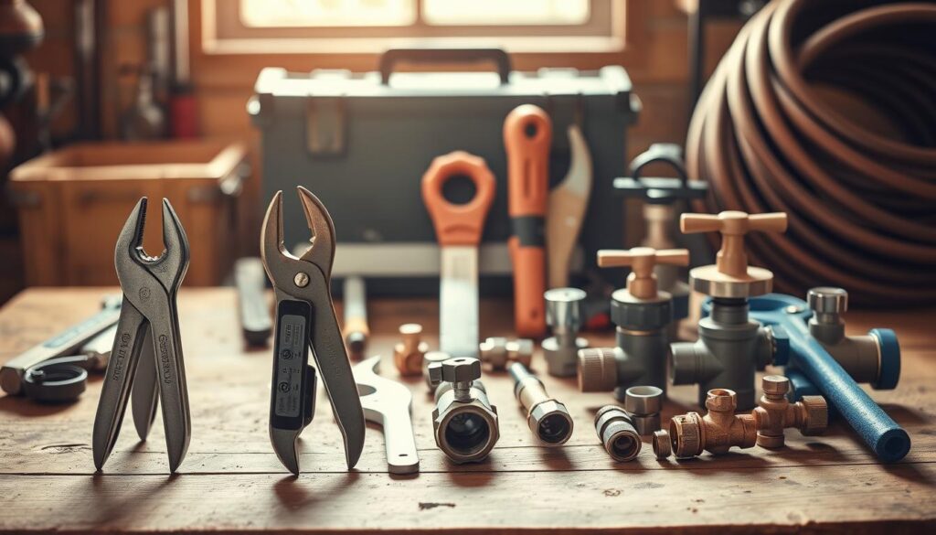 A collection of essential plumbing tools arranged neatly on a wooden workbench, bathed in warm, natural lighting. In the foreground, a set of pliers, wrenches, and a basin wrench stand ready. In the middle ground, a hacksaw, copper pipe cutter, and a collection of fittings and valves. In the background, a toolbox and a coil of sturdy pipe complete the scene, conveying a sense of professional expertise and preparedness for any plumbing task. The overall mood is one of practical functionality, with a touch of artistry in the carefully curated arrangement.