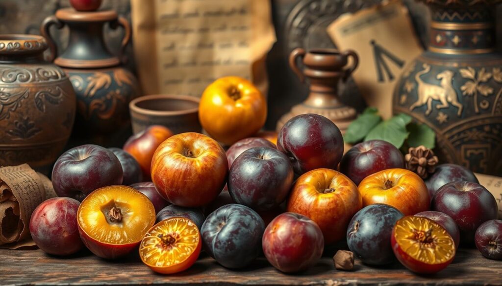A colorful still life scene depicting plums in various stages of ripeness, arranged against a backdrop of historical artifacts and cultural relics. The plums, in shades of deep purple and golden yellow, are nestled among ancient pottery, scrolls, and ornate vases, hinting at the long and storied history of this beloved fruit. Soft, warm lighting illuminates the scene, casting gentle shadows and highlighting the rich textures of the materials. The overall mood is one of cultural reverence and appreciation for the role plums have played in human history, inviting the viewer to ponder the deep connections between this humble fruit and the tapestry of human civilization.