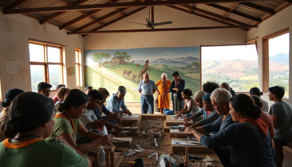 A community center bustling with activity, its windows bathed in warm, natural light. In the foreground, a group of local residents engaged in a hands-on engineering workshop, designing and constructing simple yet effective infrastructure solutions. Intently focused, they collaborate, sharing ideas and problem-solving techniques. In the middle ground, a mural depicting the region's diverse cultural heritage serves as a backdrop, while community elders observe and offer guidance. The background showcases the vibrant local landscape, rolling hills, and lush vegetation, symbolizing the deep connection between the community and its environment. The overall scene conveys a sense of empowerment, resilience, and the transformative potential of grassroots capacity building initiatives.