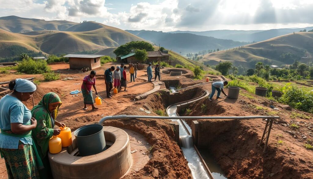 A community-driven water management system, with villagers working together to maintain a network of open channels, reservoirs, and distribution points. The foreground shows residents filling containers from a central well, while in the middle ground, a team of volunteers digging and reinforcing the earthen channels. The background depicts rolling hills and lush vegetation, with sunlight filtering through wispy clouds, creating a sense of tranquility and cooperation. The scene conveys a harmonious integration of technology and community involvement, where the people take an active role in designing and sustaining their water infrastructure.