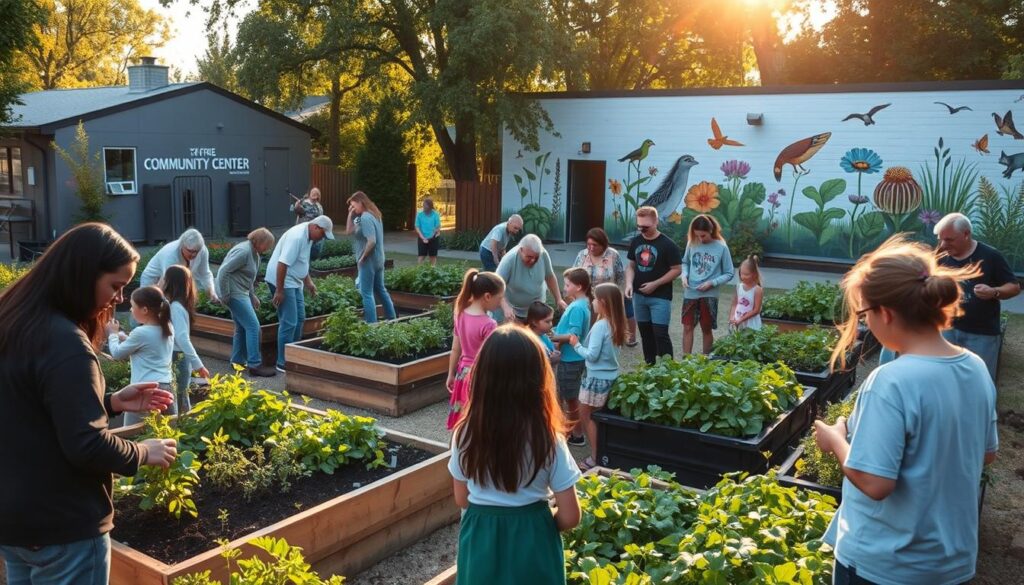 A community garden bustling with activity, volunteers tending to vibrant raised beds and lush greenery. In the middle ground, a group of children learn about composting and planting, guided by enthusiastic residents. In the background, a mural depicting local wildlife and native flora adorns the wall of a community center. Warm sunlight filters through the trees, casting a golden glow over the scene. The atmosphere is one of collaboration, education, and a shared passion for sustainable living.