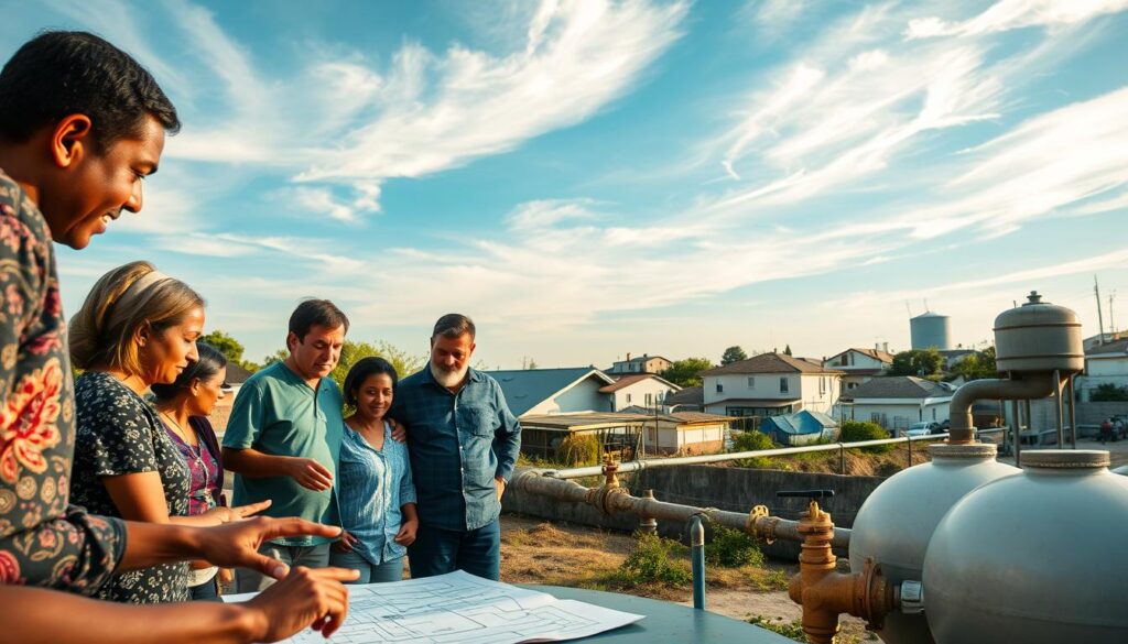 A community gathering around a water infrastructure asset, with residents discussing plans for improving the system. In the foreground, a group of diverse individuals are engaged in a lively conversation, gesturing towards a detailed schematic laid out on a table. Midground shows a bustling neighborhood with well-maintained pipes, valves, and storage tanks. The background features a blue sky with wispy clouds, conveying a sense of openness and possibility. Soft, warm lighting highlights the collaborative atmosphere, as the community works together to optimize their water infrastructure.