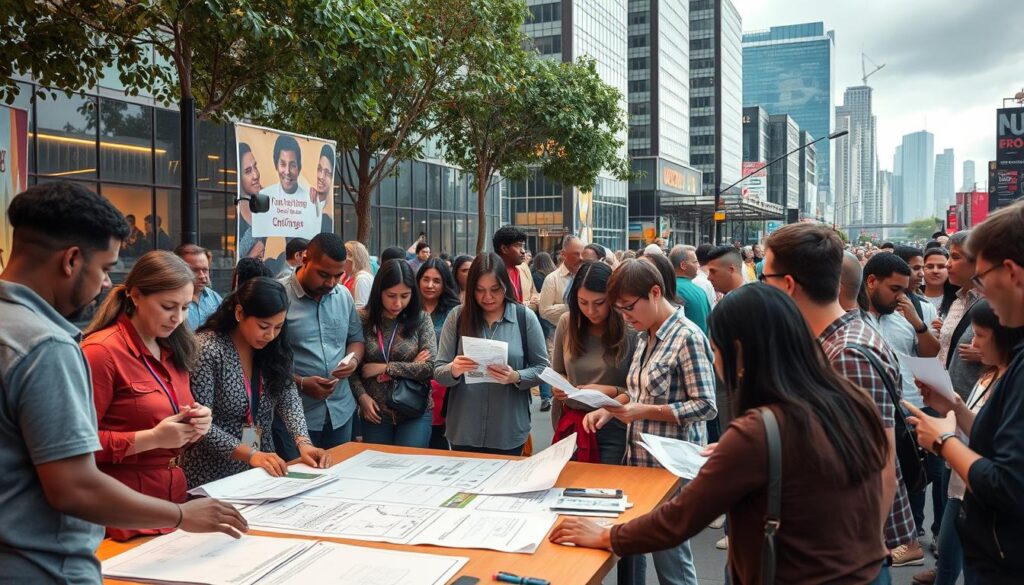A community gathering in a vibrant urban setting, with people of diverse backgrounds engaged in lively discussions and collaborative problem-solving. In the foreground, a group of local residents, engineers, and community leaders huddle around a large table, poring over blueprints and sketches, their expressions focused and determined. In the middle ground, volunteers and activists distribute informational pamphlets and engage passersby, while in the background, a modern city skyline with sleek high-rises and bustling streets sets the scene. Warm, diffused lighting casts a inviting glow, and the atmosphere is one of energy, innovation, and a shared commitment to empowering the local community.