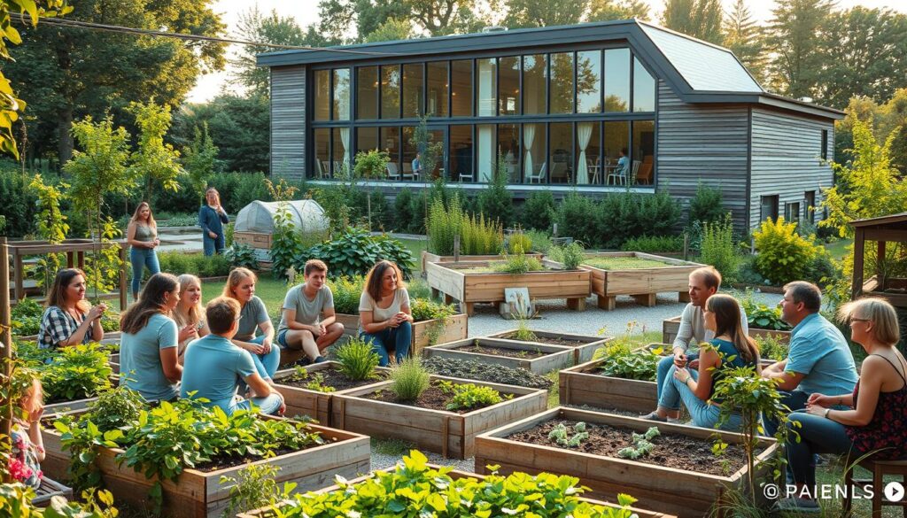 A community of people gathered in a lush, sustainable garden, engaged in discussion and collaboration. In the foreground, a diverse group sits in a circle, their faces alight with enthusiasm as they share ideas. The middle ground features an array of raised garden beds and composting stations, demonstrating the practical application of eco-friendly design. In the background, a modern, energy-efficient building with large windows blends seamlessly into the natural landscape, bathed in warm, diffused sunlight. The overall atmosphere is one of harmony, environmental stewardship, and a shared commitment to creating a better, more sustainable future.