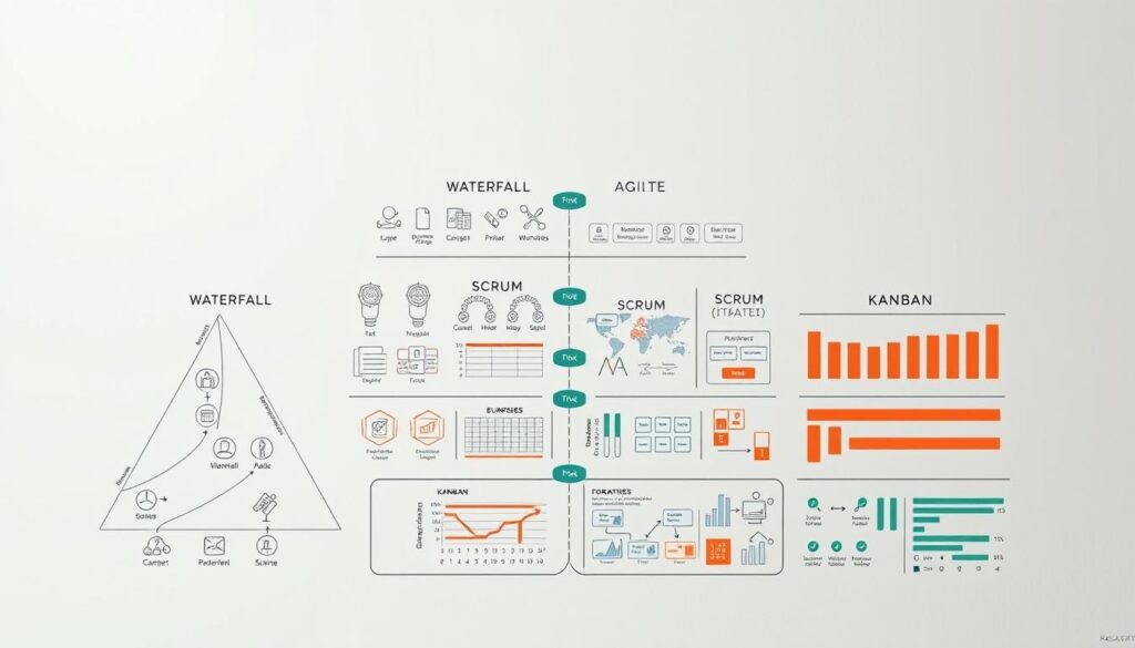 A comparative visualization of distinct project management methodologies, set against a neutral background. In the foreground, detailed depictions of the core frameworks - Waterfall, Agile, Scrum, Kanban - each showcased with iconic symbols and graphical elements. The middle ground features stylized workflow diagrams, Gantt charts, and other visual aids to highlight the unique approaches. The background is bathed in a soft, diffused light, creating a contemplative, educational atmosphere. The composition is balanced, the colors muted yet compelling, inviting the viewer to explore the nuances of these essential project management paradigms.